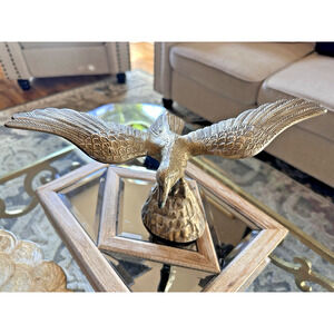 Vintage Brass Eagle Perched On Rock Animal Statue Desk Shelf Bird Figurine